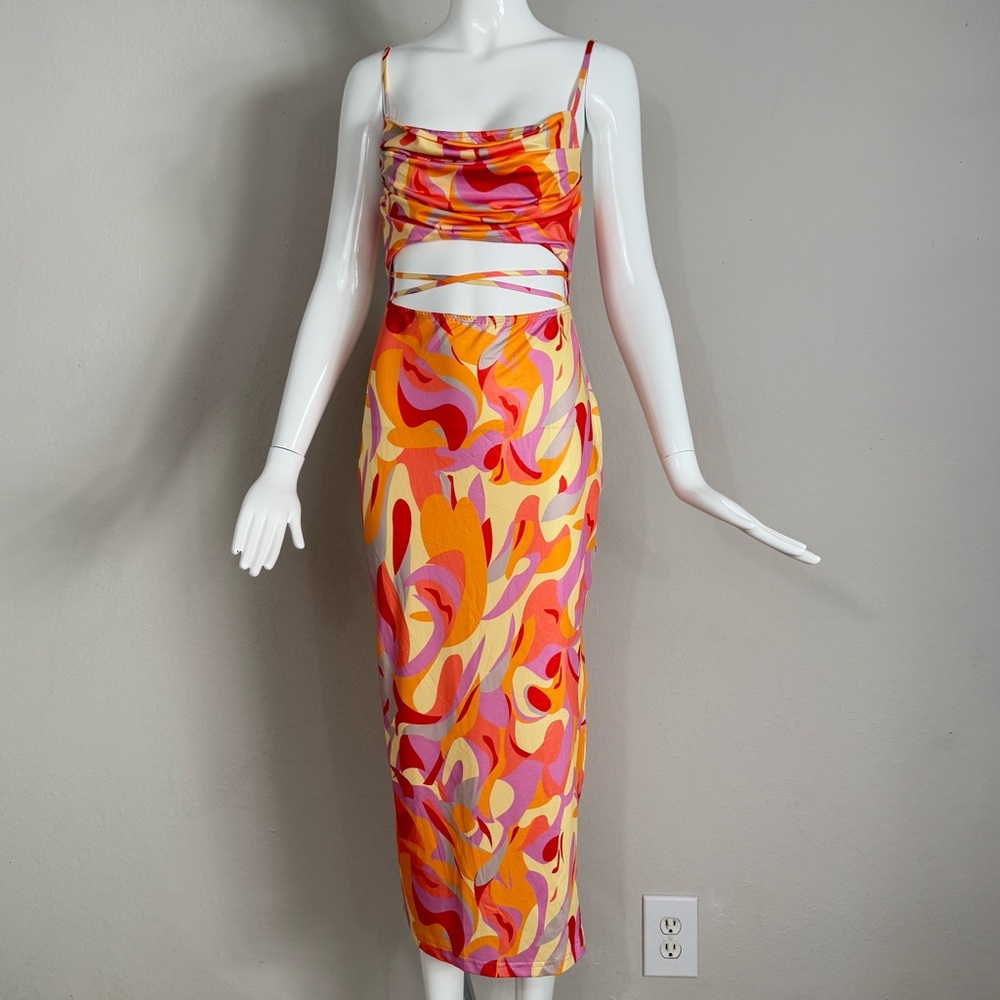 Hello Molly Fierce Nature Midi Dress Multi-color Orange Strappy Size 4